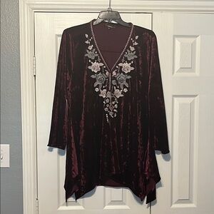 Elegant Burgundy Velvet Embroidered Women's Top